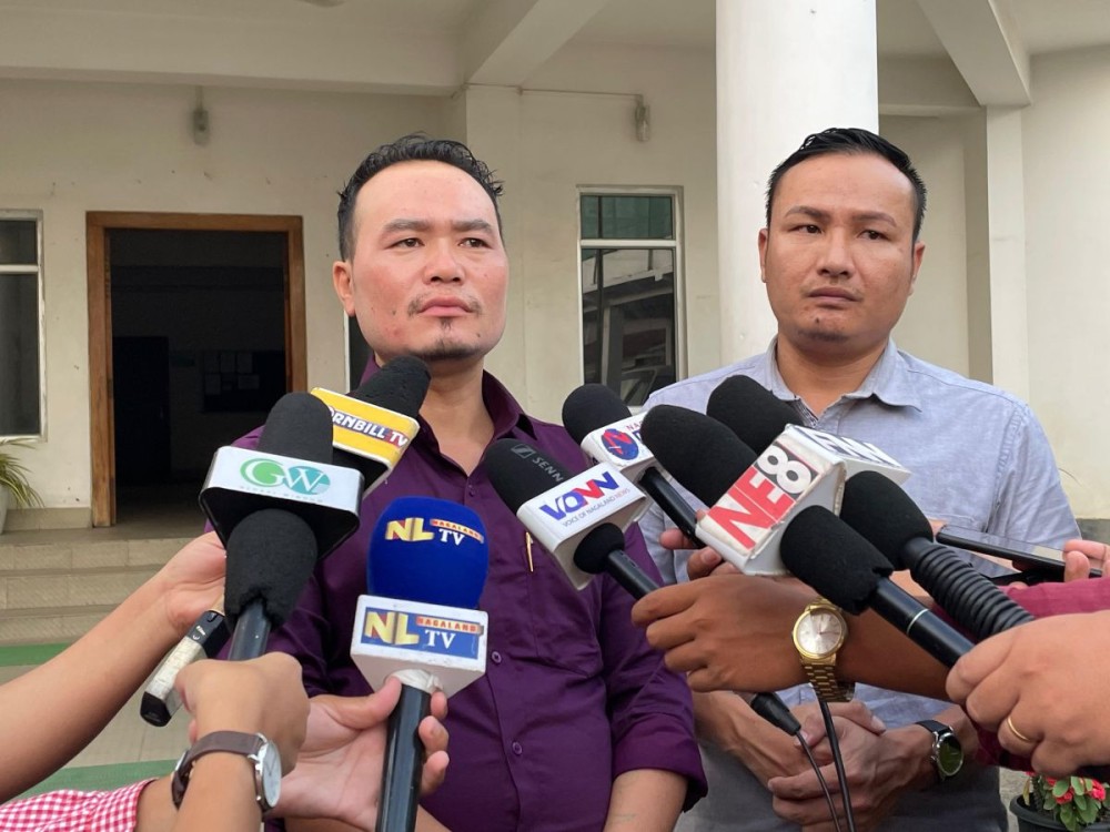(Left) ZYON President R John Zeliang and ZSUN President Adaube Hiekha Hau speaking to the media at the office of the Commissioner of Police, Dimapur, on July 22.